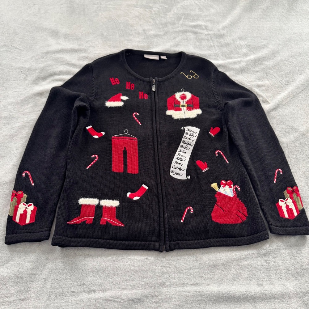 Nordstrom Womens Christmas Full Zip Cardigan Sweater Black Embroidered Holiday L